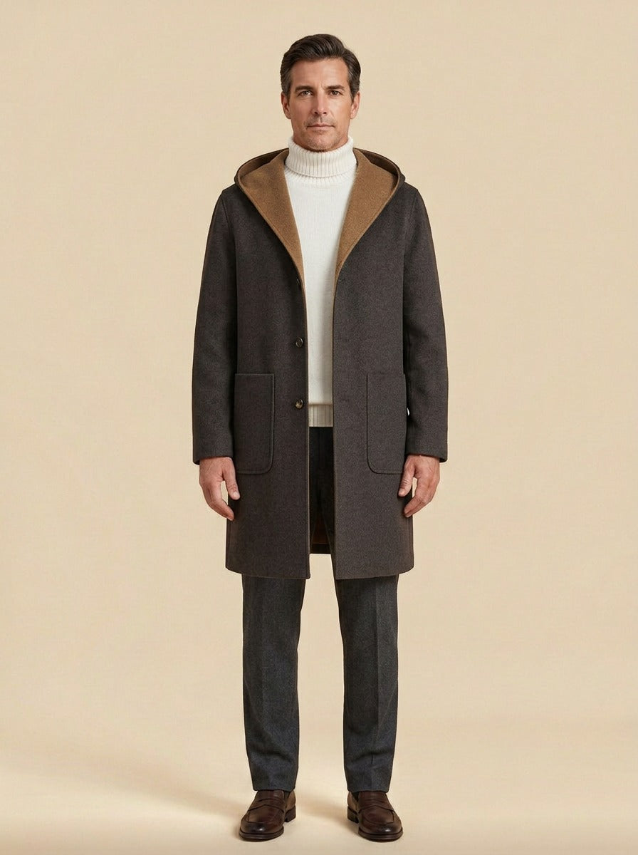 Barlow hooded overcoat in Dark Brown, studio, Gentlemens Manor