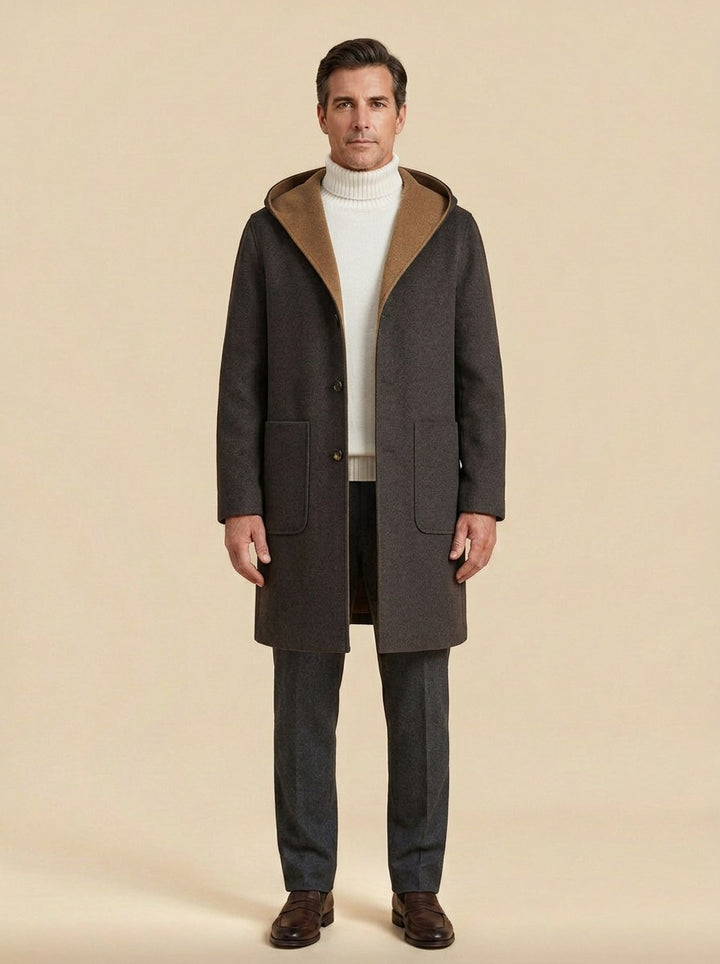 Barlow hooded overcoat in Dark Brown, studio, Gentlemens Manor