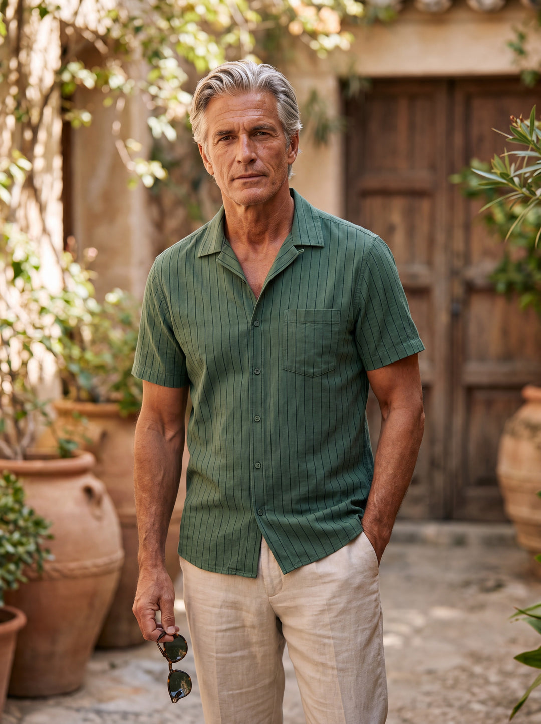 Barnaby Men short sleeve shirt in green, worn by a model on a Mediterranean terrace - Gentlemens Manor lifestyle