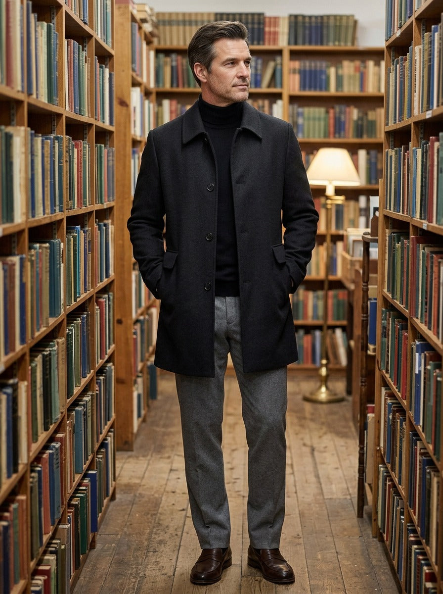 Barnett relaxed wool overcoat in Black, lifestyle in a secondhand bookshop, Gentlemens Manor