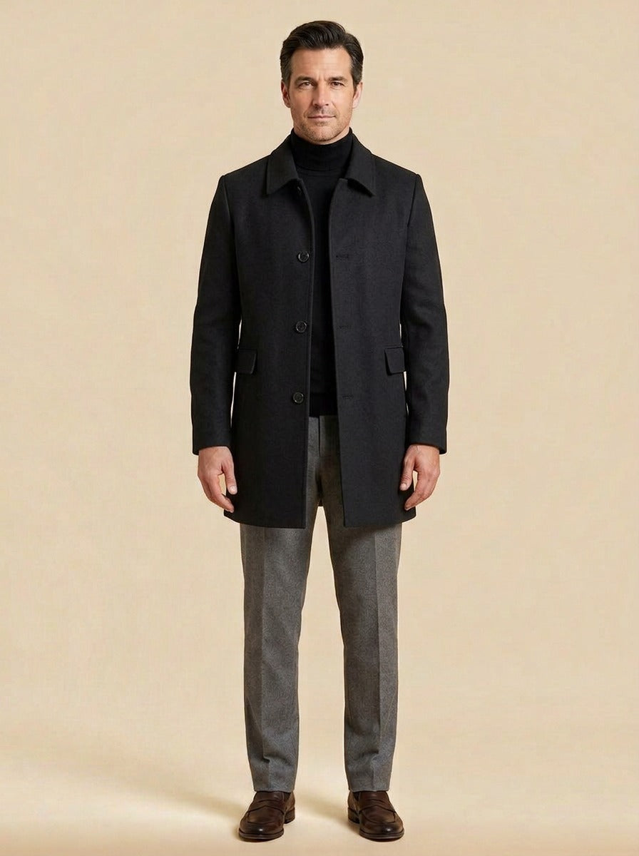Barnett relaxed wool overcoat in Black, studio, Gentlemens Manor