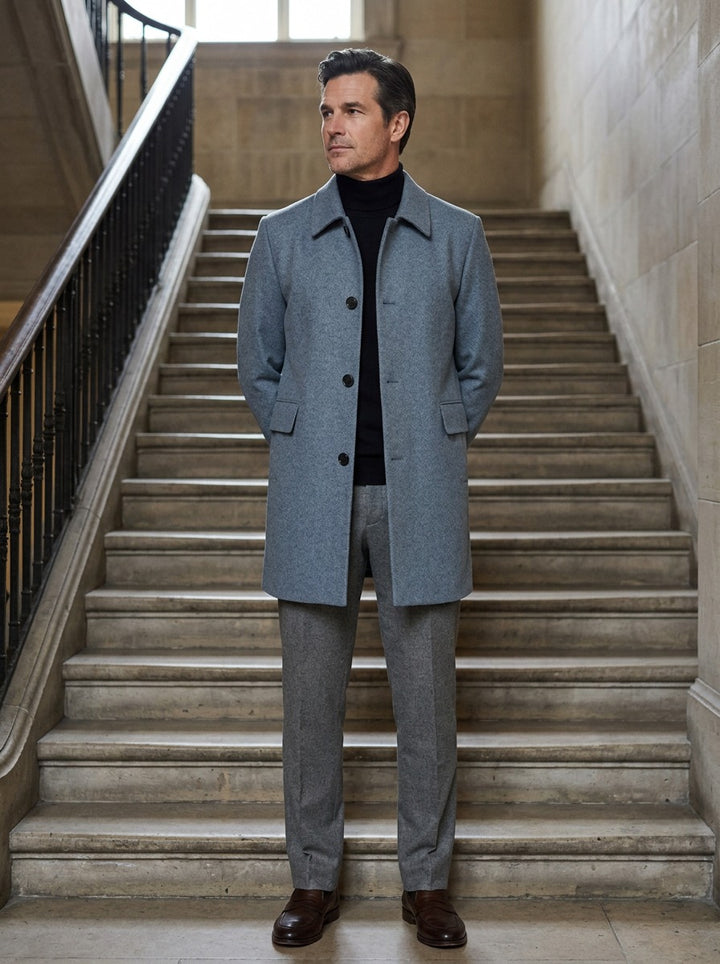 Barnett relaxed wool overcoat in Blue, lifestyle on a civic stone staircase, Gentlemens Manor