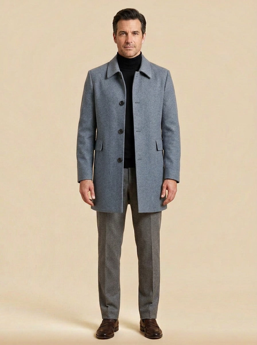 Barnett relaxed wool overcoat in Blue, studio, Gentlemens Manor