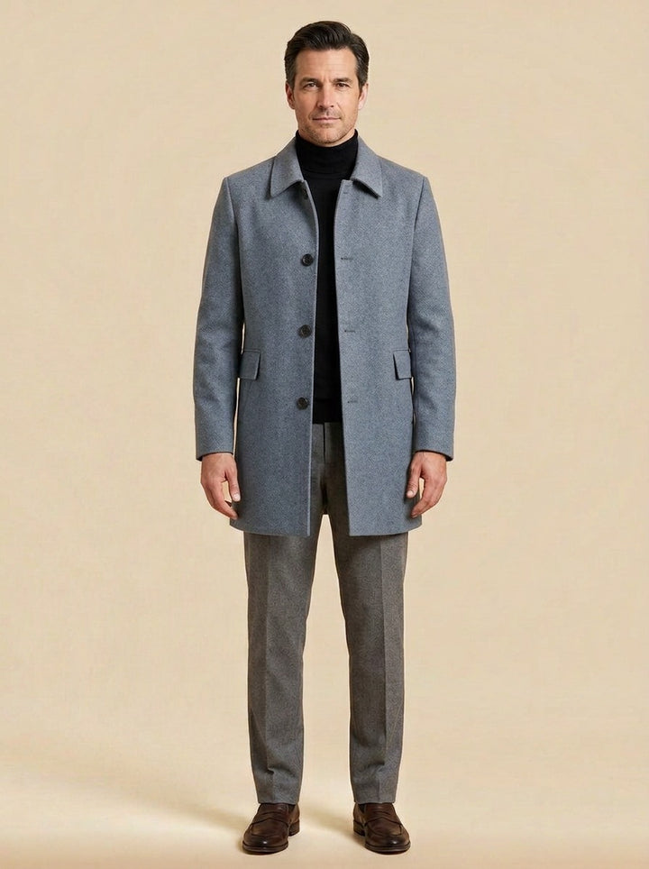 Barnett relaxed wool overcoat in Blue, studio, Gentlemens Manor