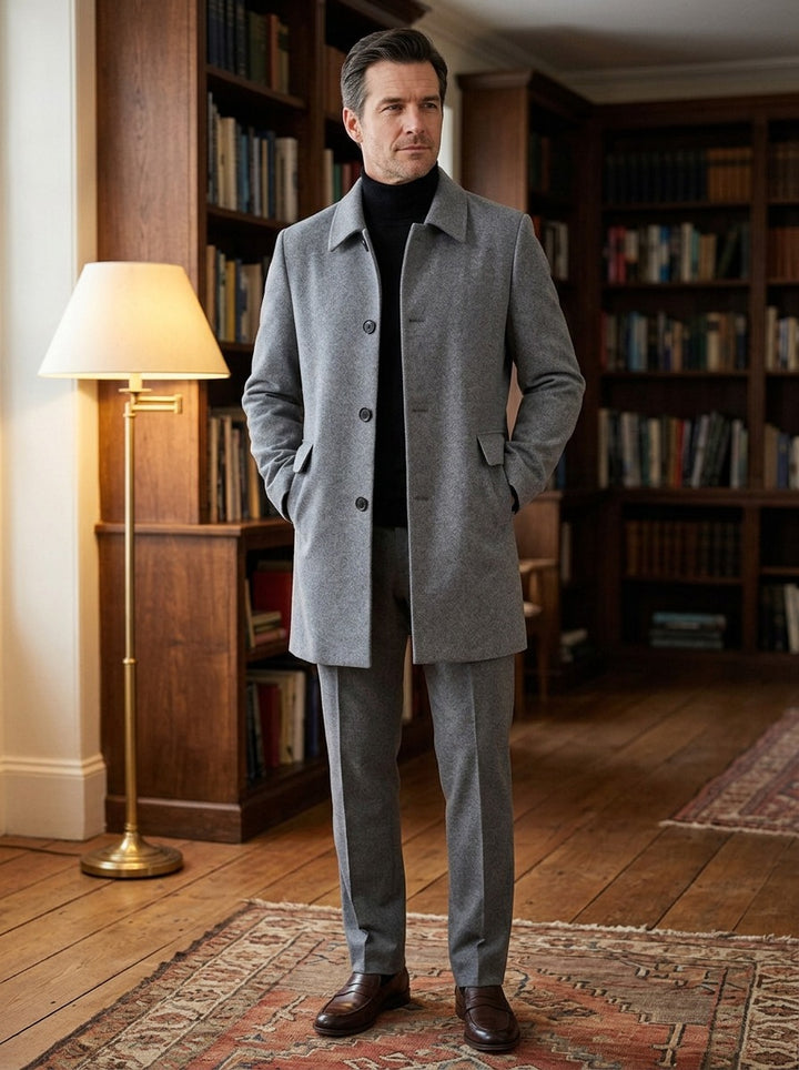 Barnett relaxed wool overcoat in Grey, lifestyle in a private study, Gentlemens Manor