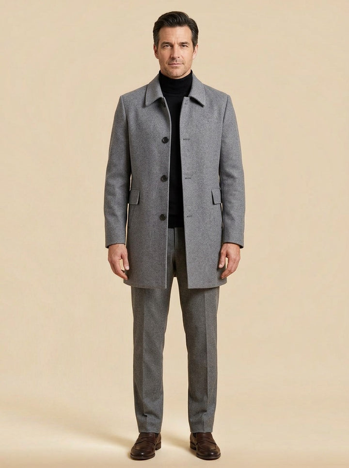 Barnett relaxed wool overcoat in Grey, studio, Gentlemens Manor
