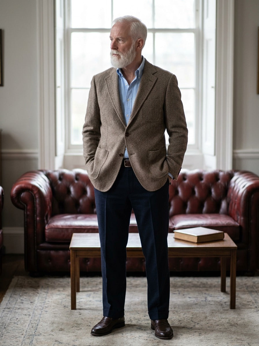 Barrington herringbone tweed blazer in Brown, lifestyle in a club reading room, Gentlemens Manor
