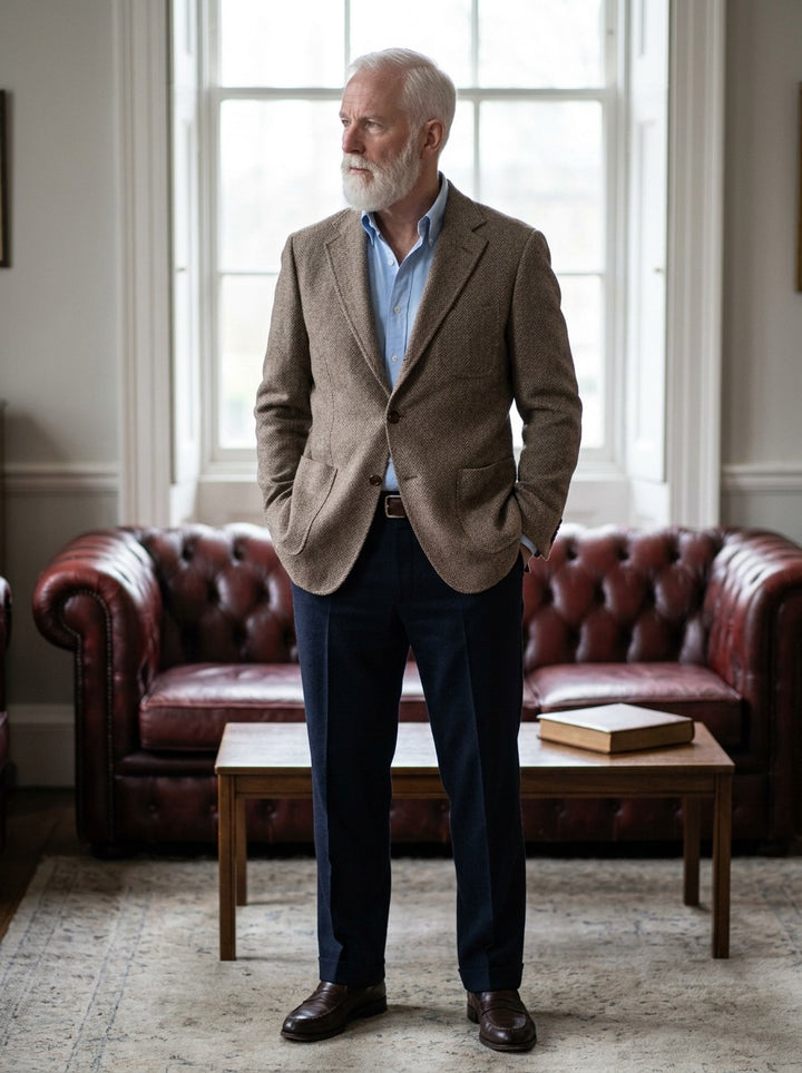 Barrington herringbone tweed blazer in Brown, lifestyle in a club reading room, Gentlemens Manor