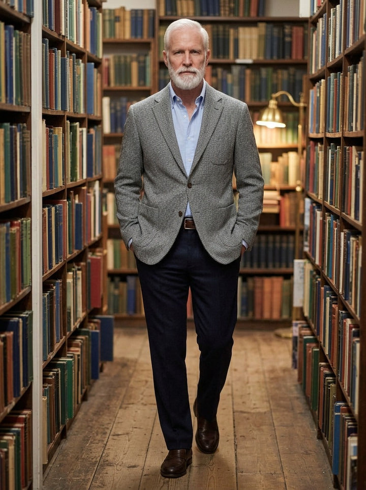 Barrington herringbone tweed blazer in Grey, lifestyle in a secondhand bookshop, Gentlemens Manor