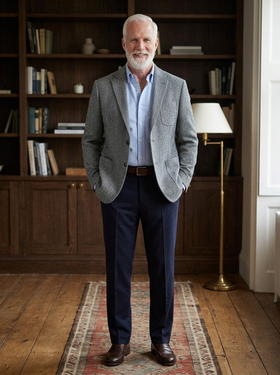 Barrington herringbone tweed blazer in Grey, lifestyle in a private study, Gentlemens Manor