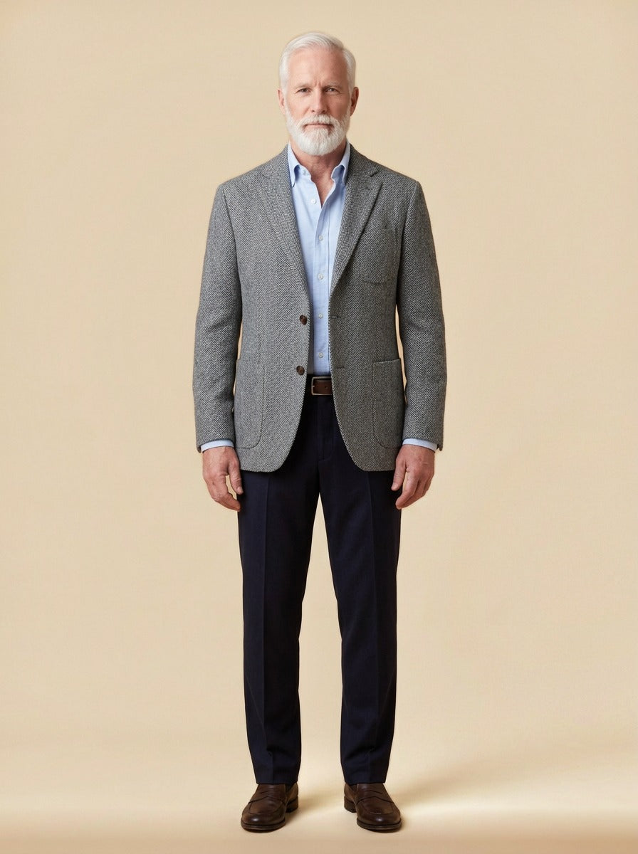 Barrington herringbone tweed blazer in Grey, studio, Gentlemens Manor