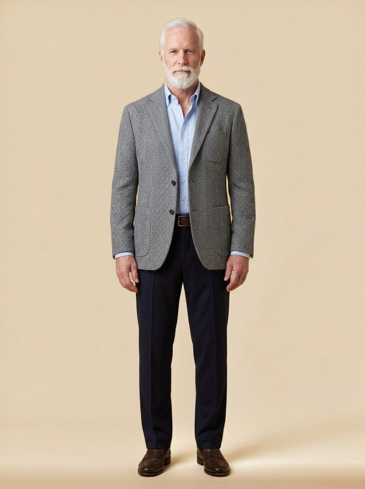 Barrington herringbone tweed blazer in Grey, studio, Gentlemens Manor
