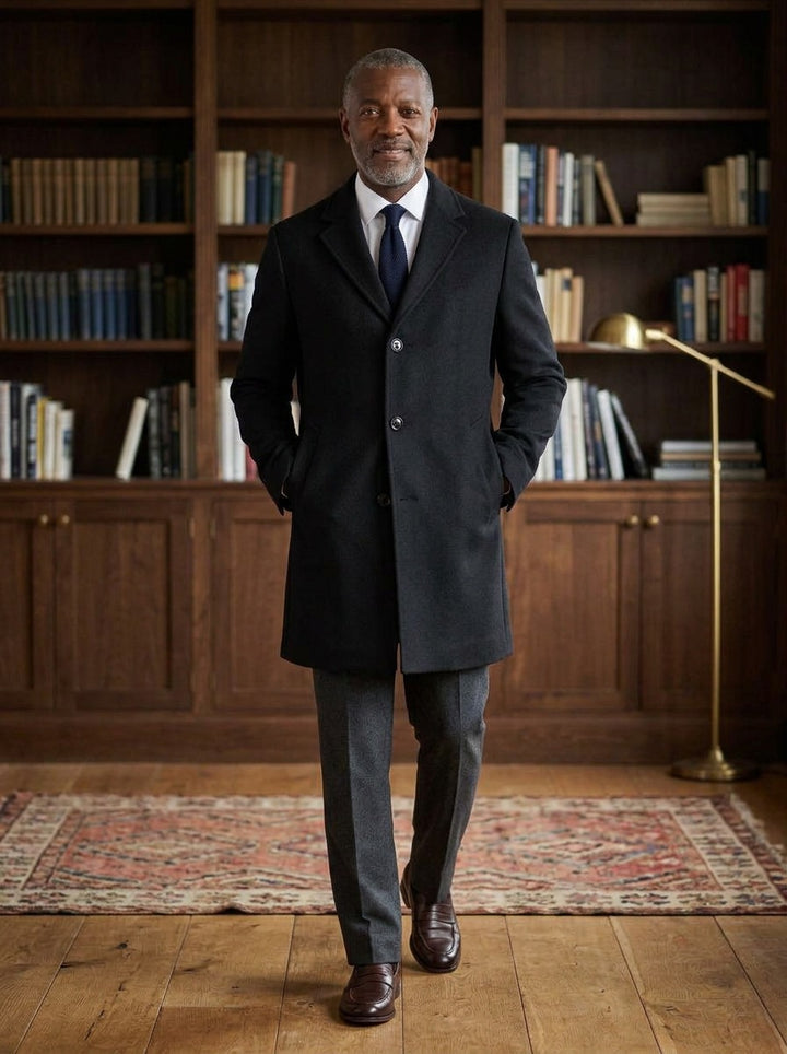 Barrow tonal textured overcoat in Black, lifestyle in a private study, Gentlemens Manor