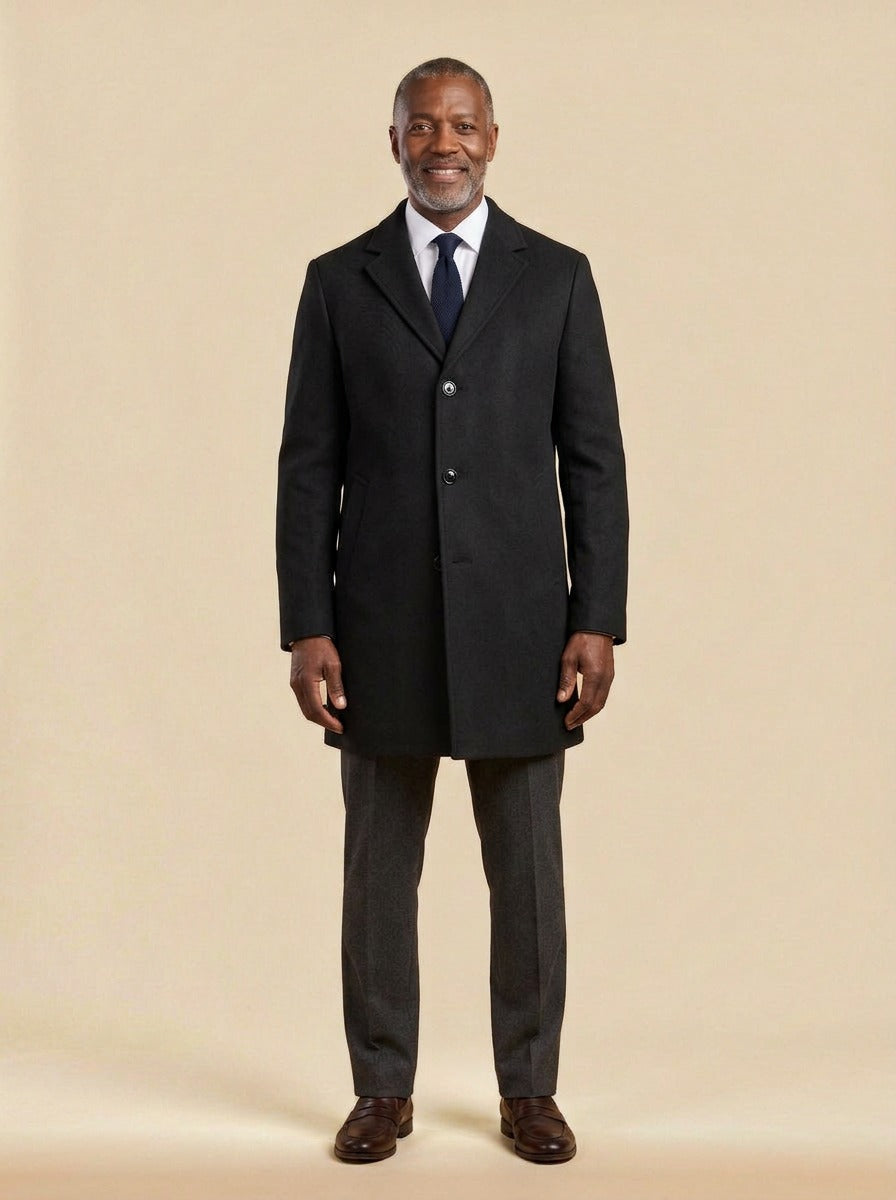 Barrow tonal textured overcoat in Black, studio, Gentlemens Manor