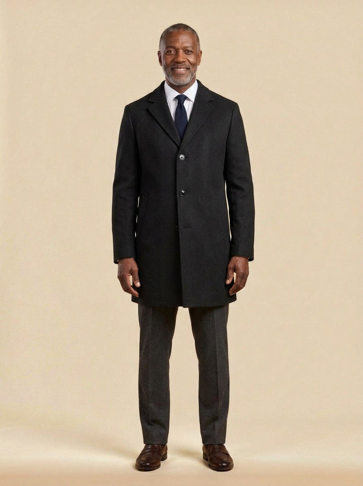 Barrow tonal textured overcoat in Black, studio, Gentlemens Manor