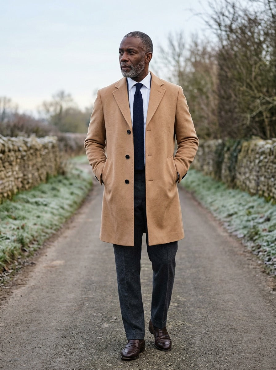 Barrow tonal textured overcoat in Camel, lifestyle on a country lane, Gentlemens Manor