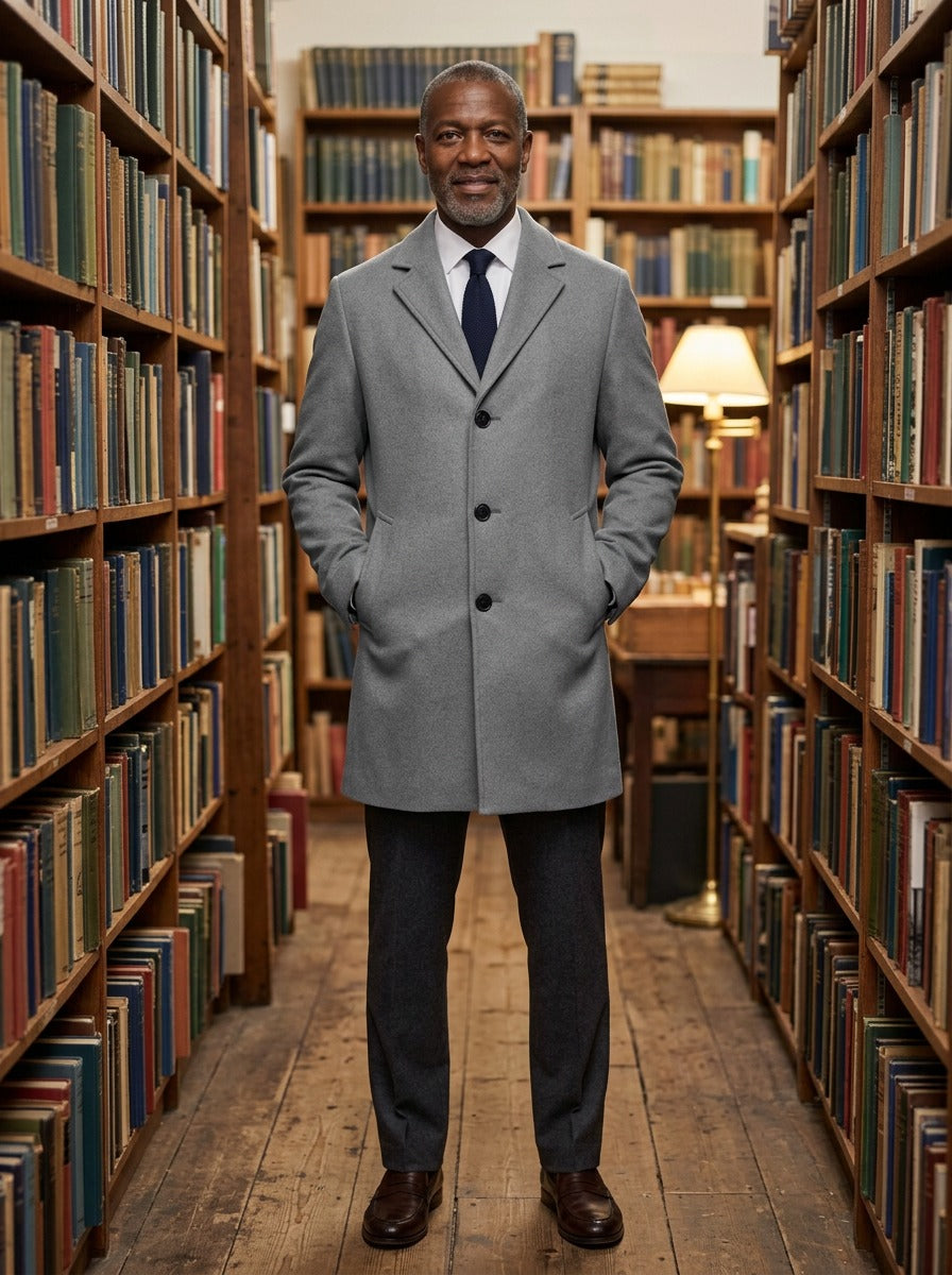 Barrow tonal textured overcoat in Grey, lifestyle in a secondhand bookshop, Gentlemens Manor