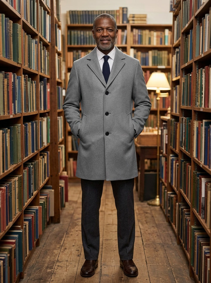 Barrow tonal textured overcoat in Grey, lifestyle in a secondhand bookshop, Gentlemens Manor