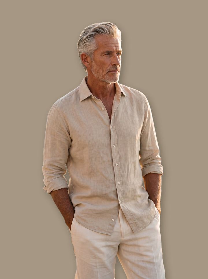 Bartholomew linen shirt in Sand, studio - Gentlemens Manor