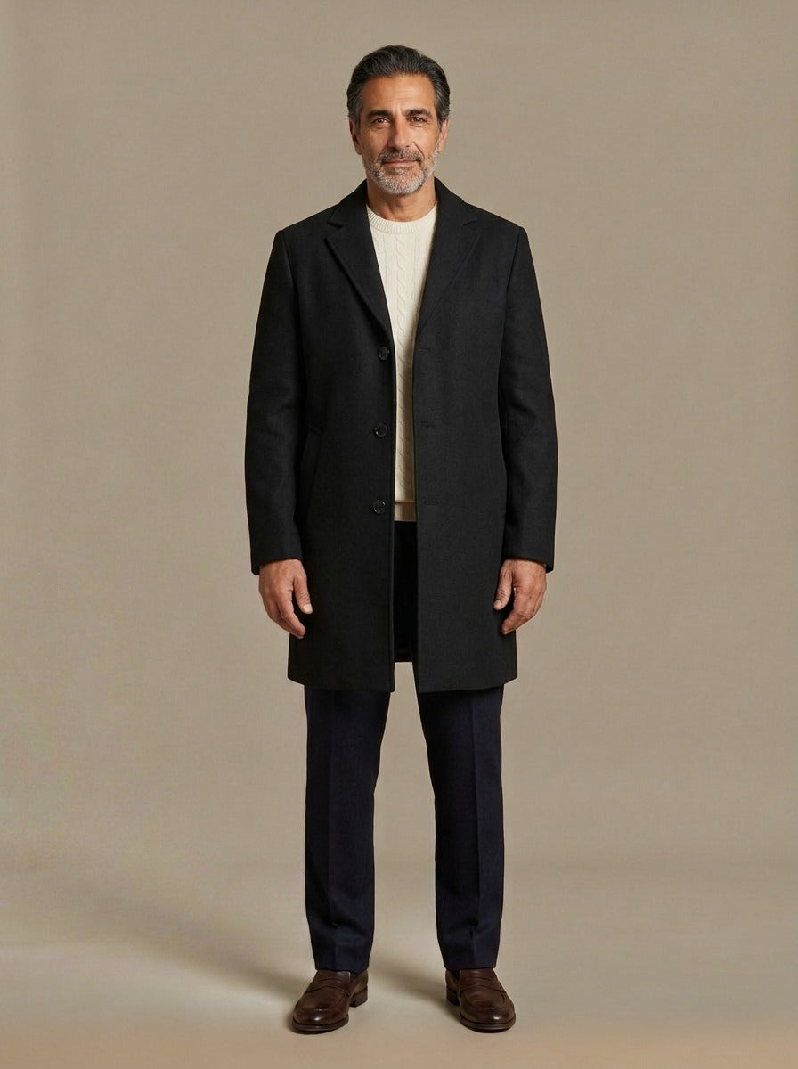 Bartlett knee length overcoat in Black, studio, Gentlemens Manor