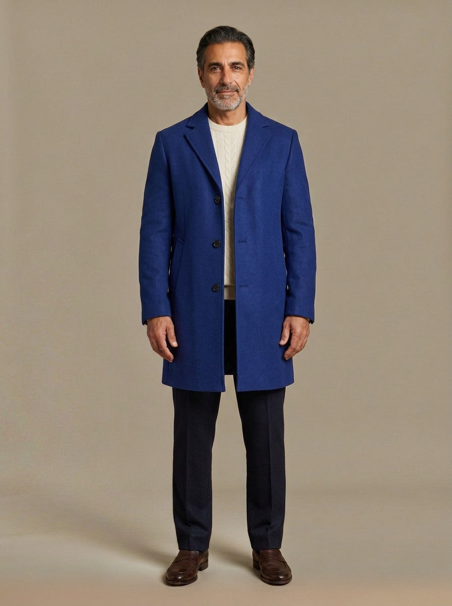 Bartlett knee length overcoat in Blue, studio, Gentlemens Manor