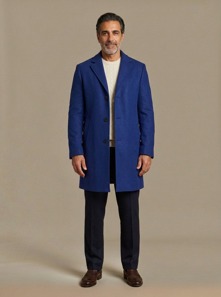 Bartlett knee length overcoat in Blue, studio, Gentlemens Manor
