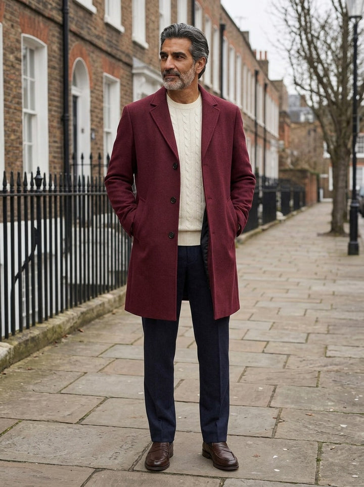 Bartlett knee length overcoat in Burgundy, lifestyle on a street of brick row houses, Gentlemens Manor