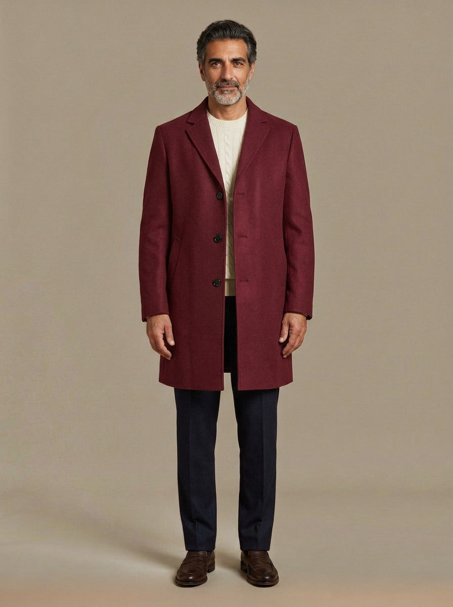 Bartlett knee length overcoat in Burgundy, studio, Gentlemens Manor
