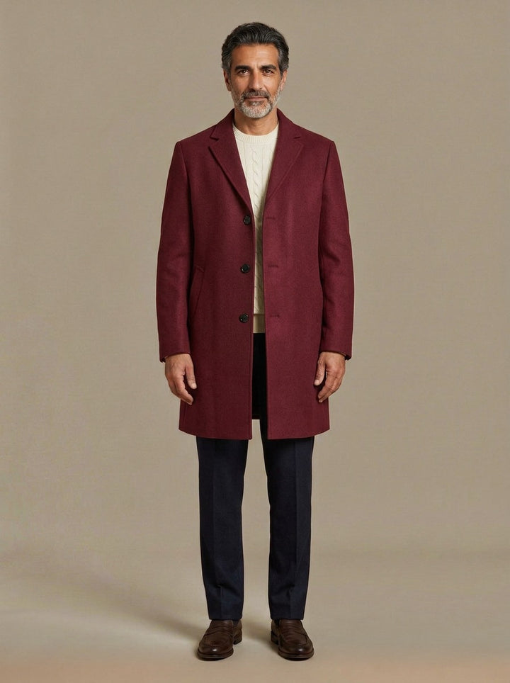 Bartlett knee length overcoat in Burgundy, studio, Gentlemens Manor