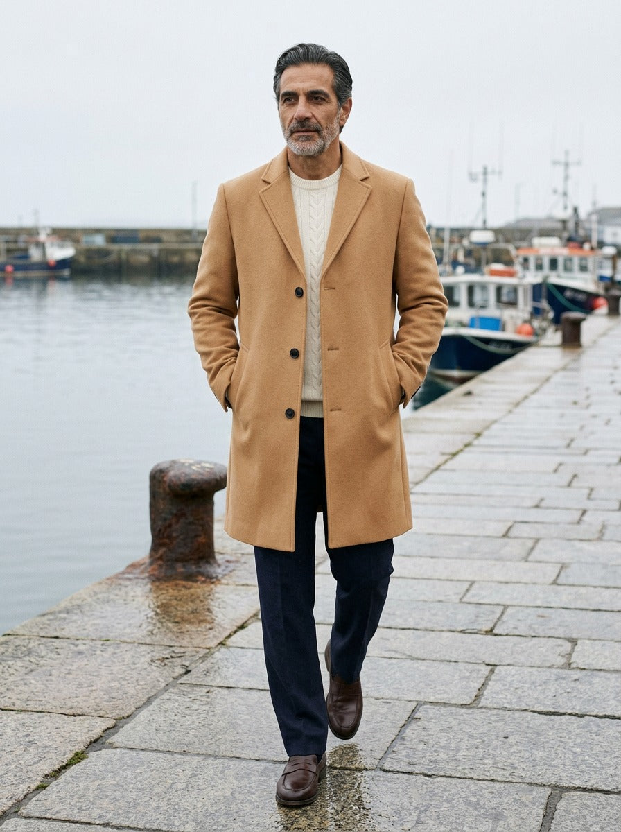 Bartlett knee length overcoat in Camel, lifestyle on a stone harbor quay, Gentlemens Manor