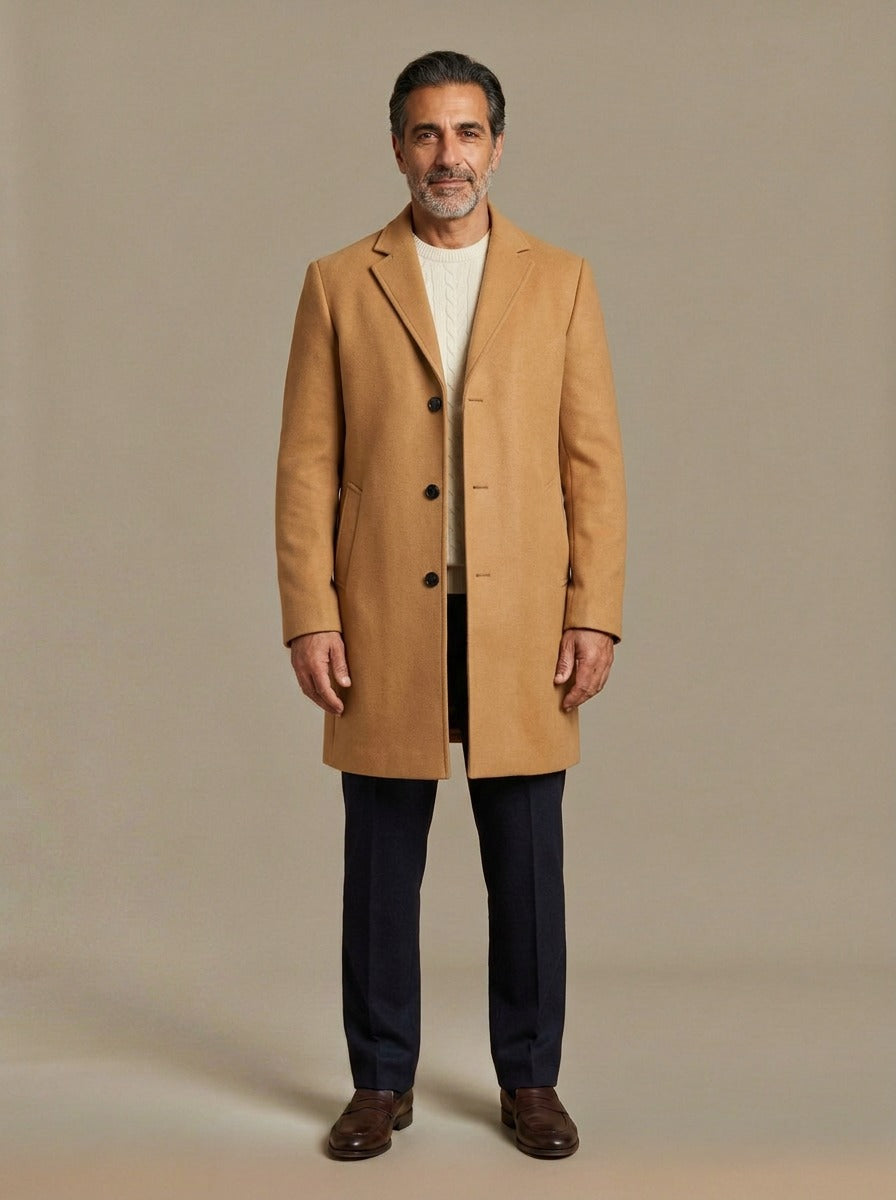 Bartlett knee length overcoat in Camel, studio, Gentlemens Manor