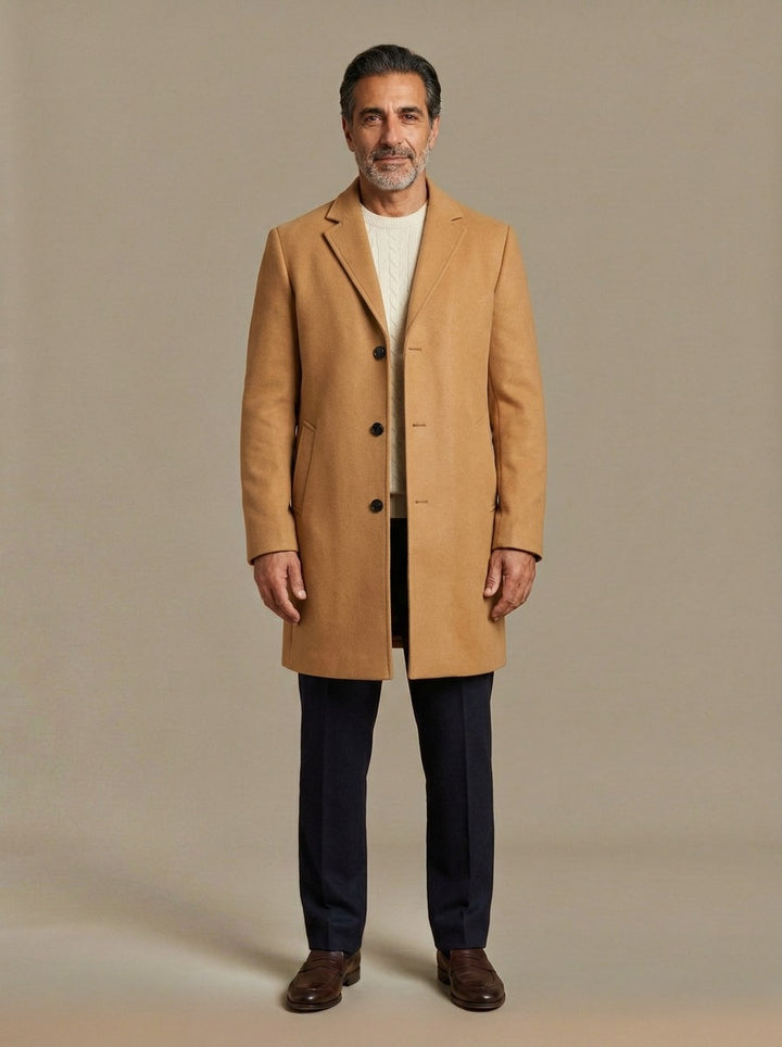 Bartlett knee length overcoat in Camel, studio, Gentlemens Manor