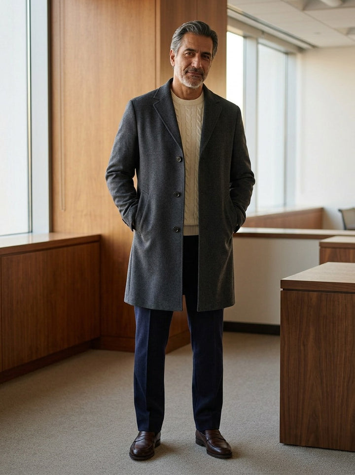 Bartlett knee length overcoat in Charcoal, lifestyle in a timber paneled office, Gentlemens Manor