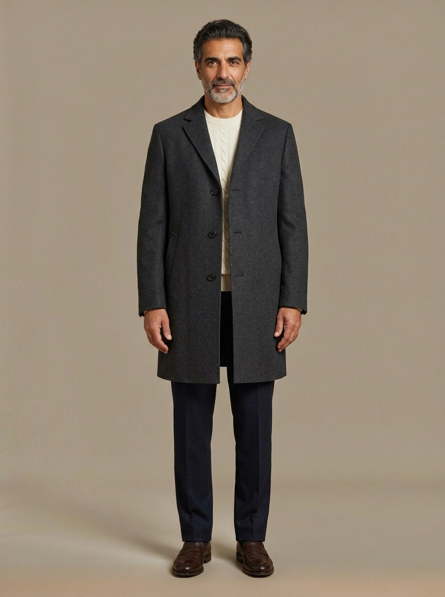Bartlett knee length overcoat in Charcoal, studio, Gentlemens Manor