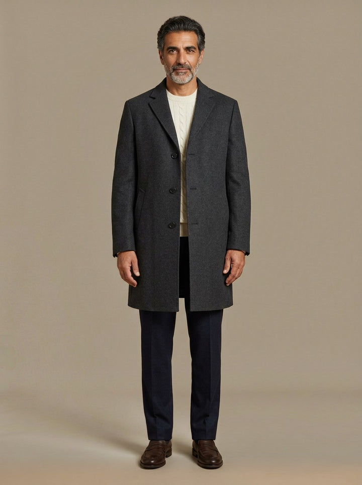 Bartlett knee length overcoat in Charcoal, studio, Gentlemens Manor