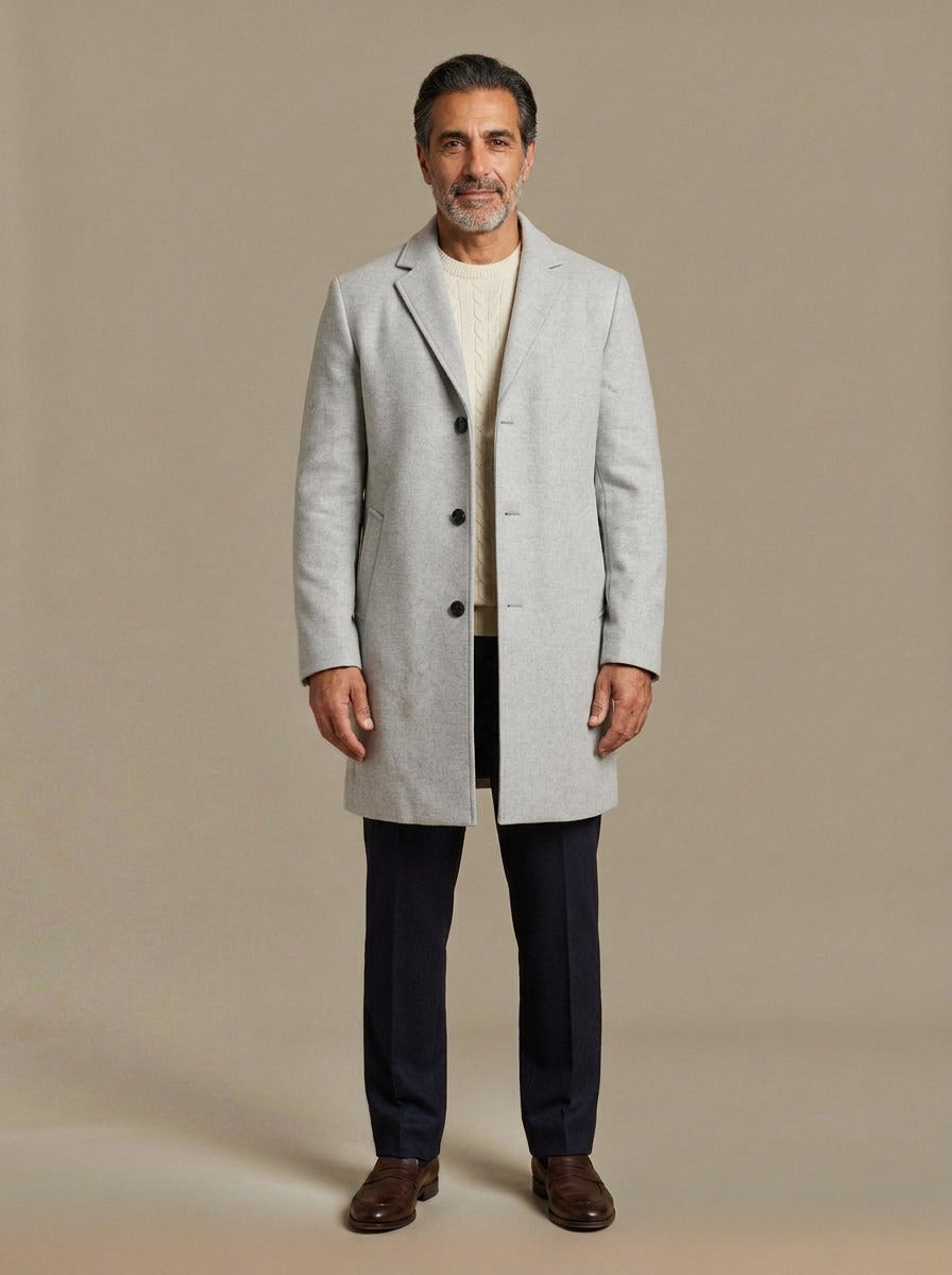 Bartlett knee length overcoat in Light Grey, studio, Gentlemens Manor