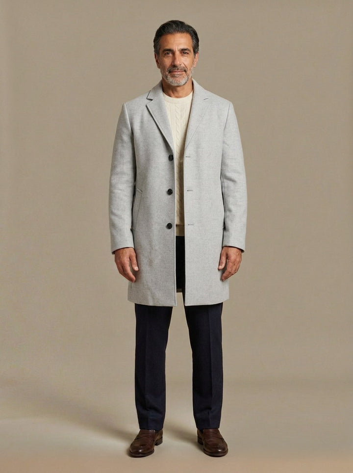 Bartlett knee length overcoat in Light Grey, studio, Gentlemens Manor