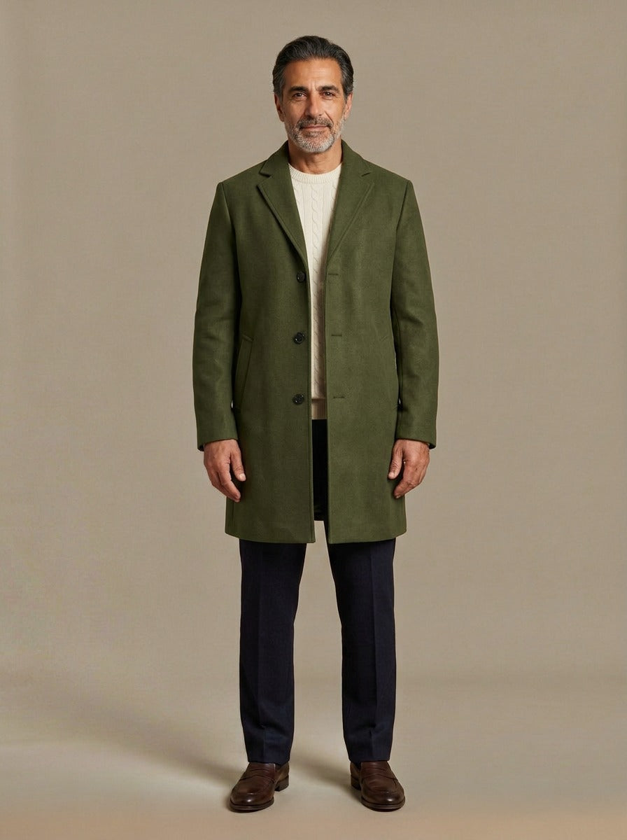 Bartlett knee length overcoat in Olive, studio, Gentlemens Manor