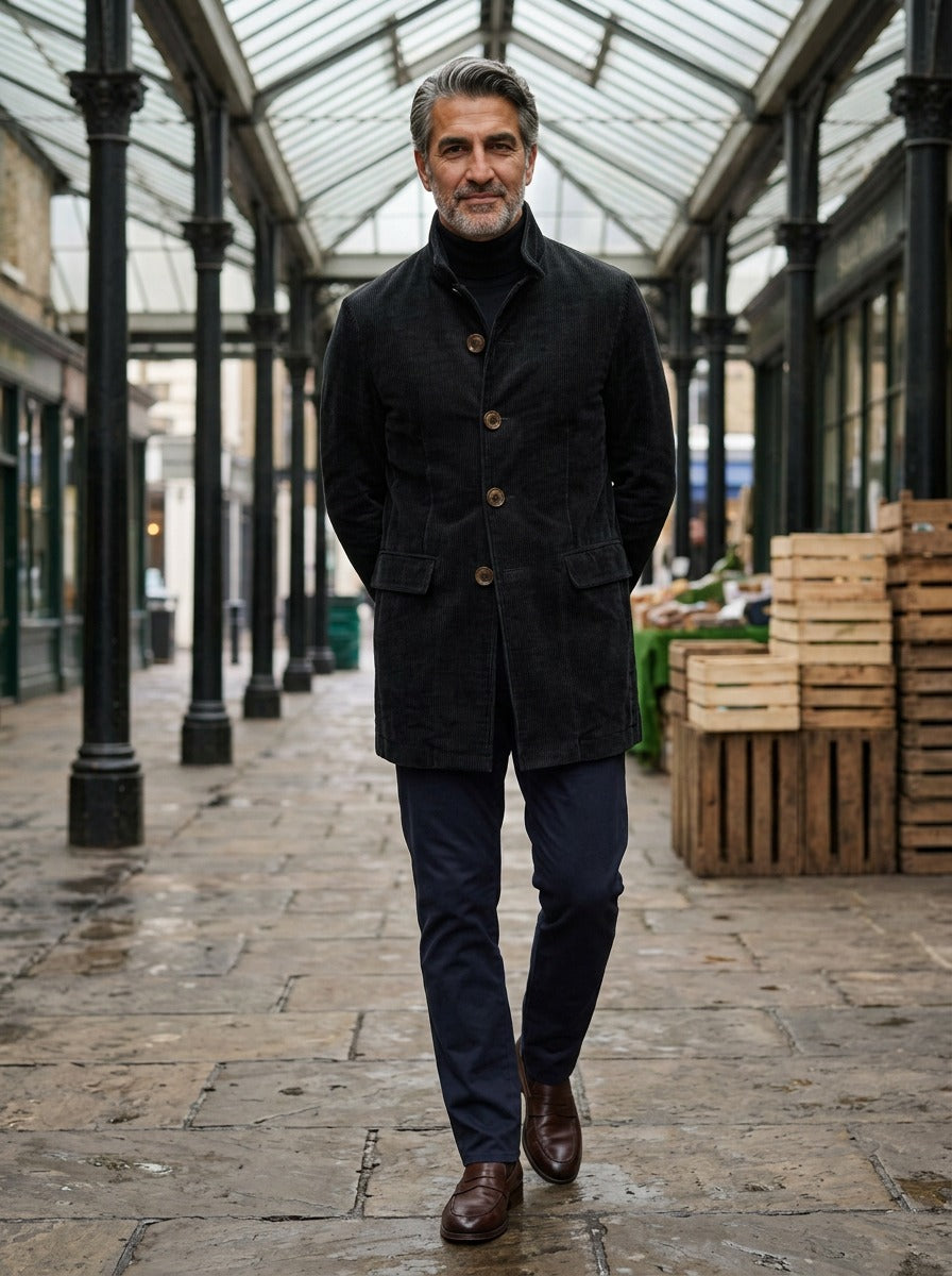 Barton corduroy stand collar overcoat in Black, lifestyle in a covered market hall, Gentlemens Manor
