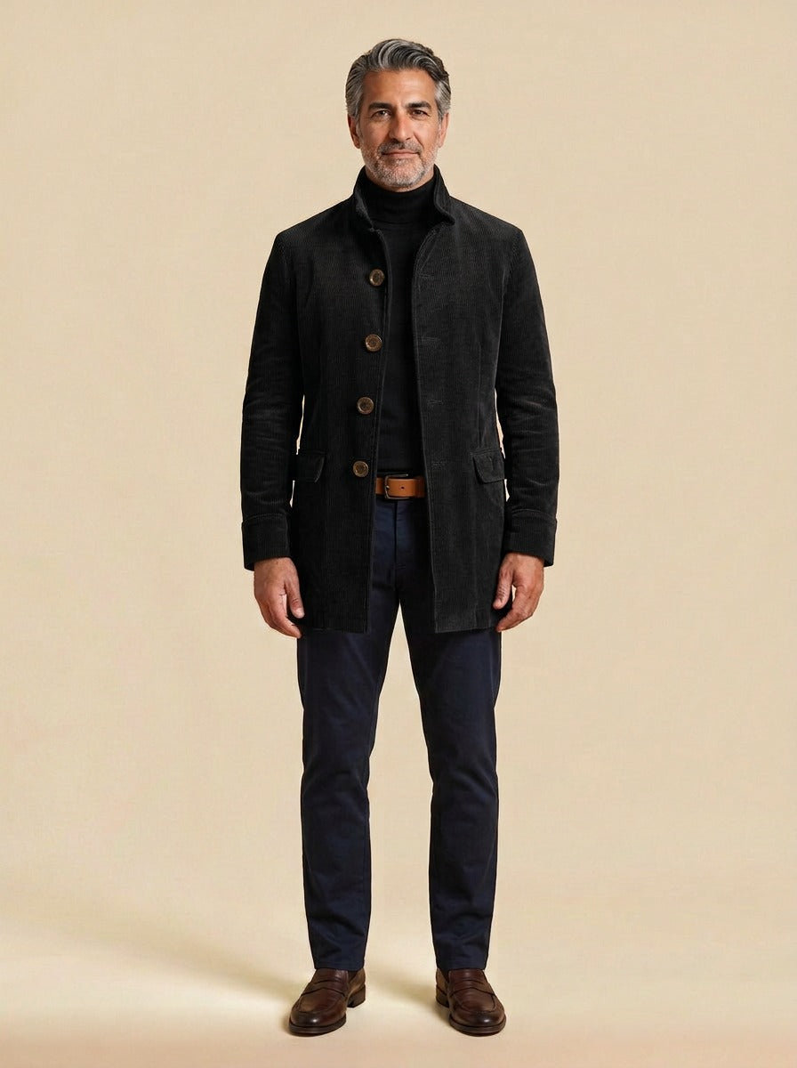 Barton corduroy stand collar overcoat in Black, studio, Gentlemens Manor