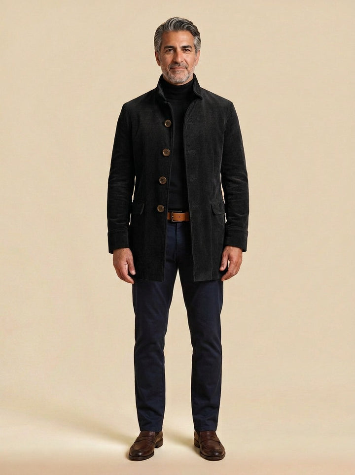 Barton corduroy stand collar overcoat in Black, studio, Gentlemens Manor