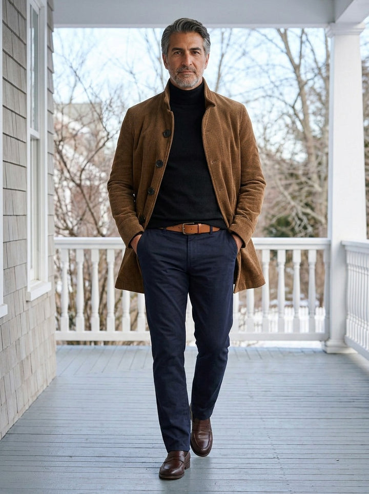 Barton corduroy stand collar overcoat in Brown, lifestyle on a covered porch, Gentlemens Manor
