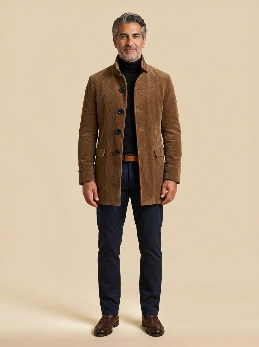 Barton corduroy stand collar overcoat in Brown, studio, Gentlemens Manor
