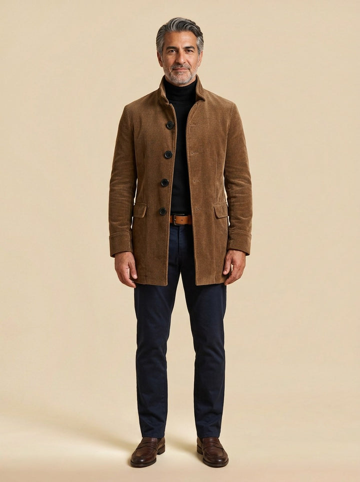Barton corduroy stand collar overcoat in Brown, studio, Gentlemens Manor