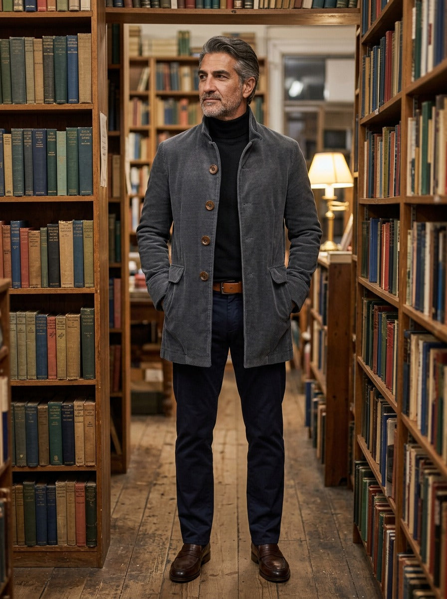 Barton corduroy stand collar overcoat in Grey, lifestyle in a secondhand bookshop, Gentlemens Manor