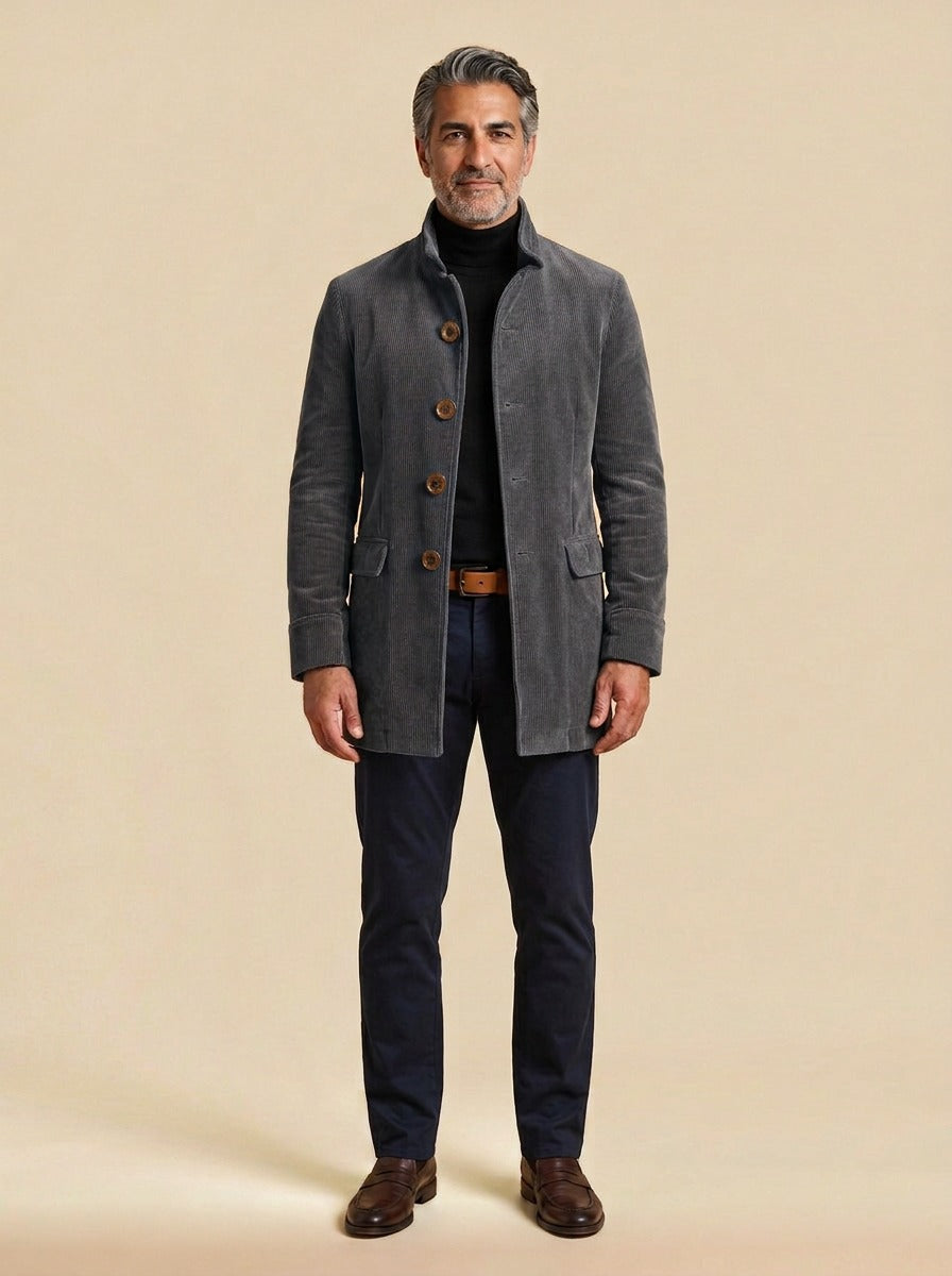 Barton corduroy stand collar overcoat in Grey, studio, Gentlemens Manor