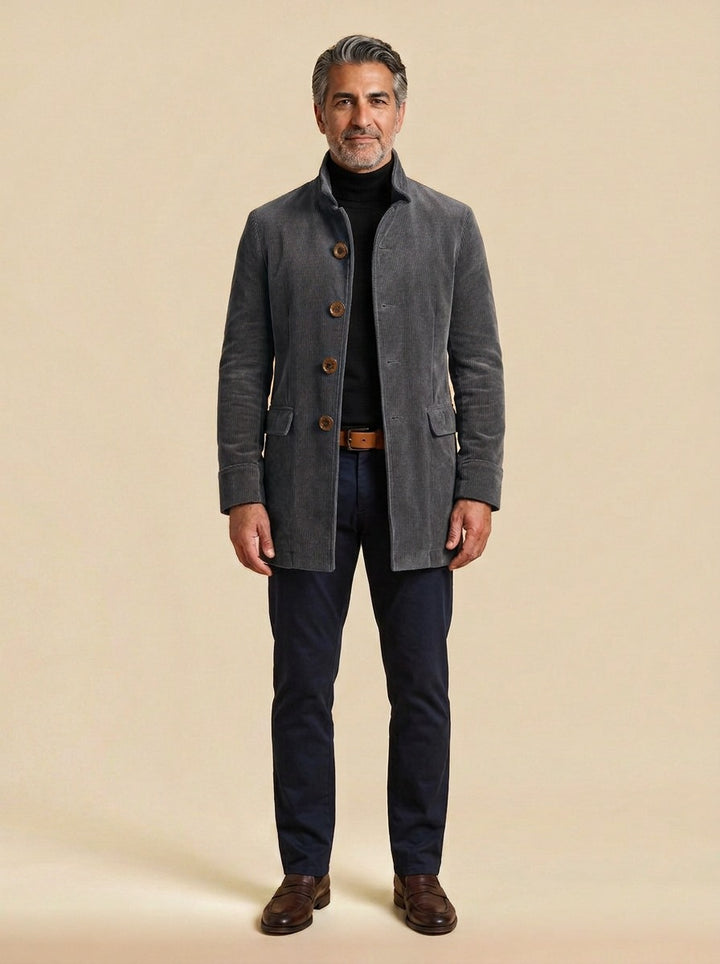 Barton corduroy stand collar overcoat in Grey, studio, Gentlemens Manor