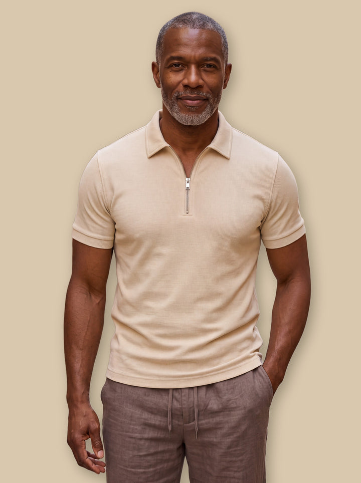 Baxter polo shirt in Sand, studio - Gentlemens Manor