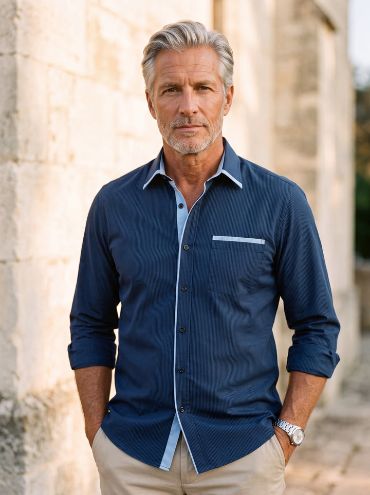 Beau shirt in Navy, worn by a model in a Mediterranean setting - Gentlemens Manor lifestyle