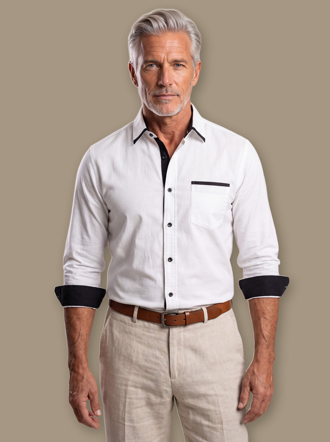Beau casual shirt in White, worn by a model on a warm taupe studio background - Gentlemens Manor